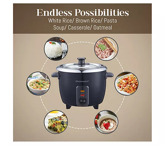 NEW Elite Gourmet 6-Cup Rice Cooker – Stainless Steel Inner Pot & Steamer.