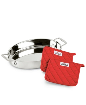 All-Clad 15" Stainless Steel Oval Baker – 3-Piece Set with Red Pot Holders – Local Pickup