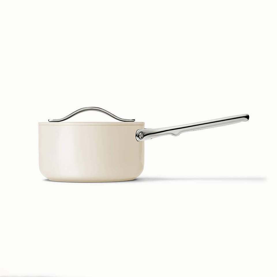 Caraway Cream 1.75QT Ceramic Mini Saucepan with Lid with Mini Storage Rack