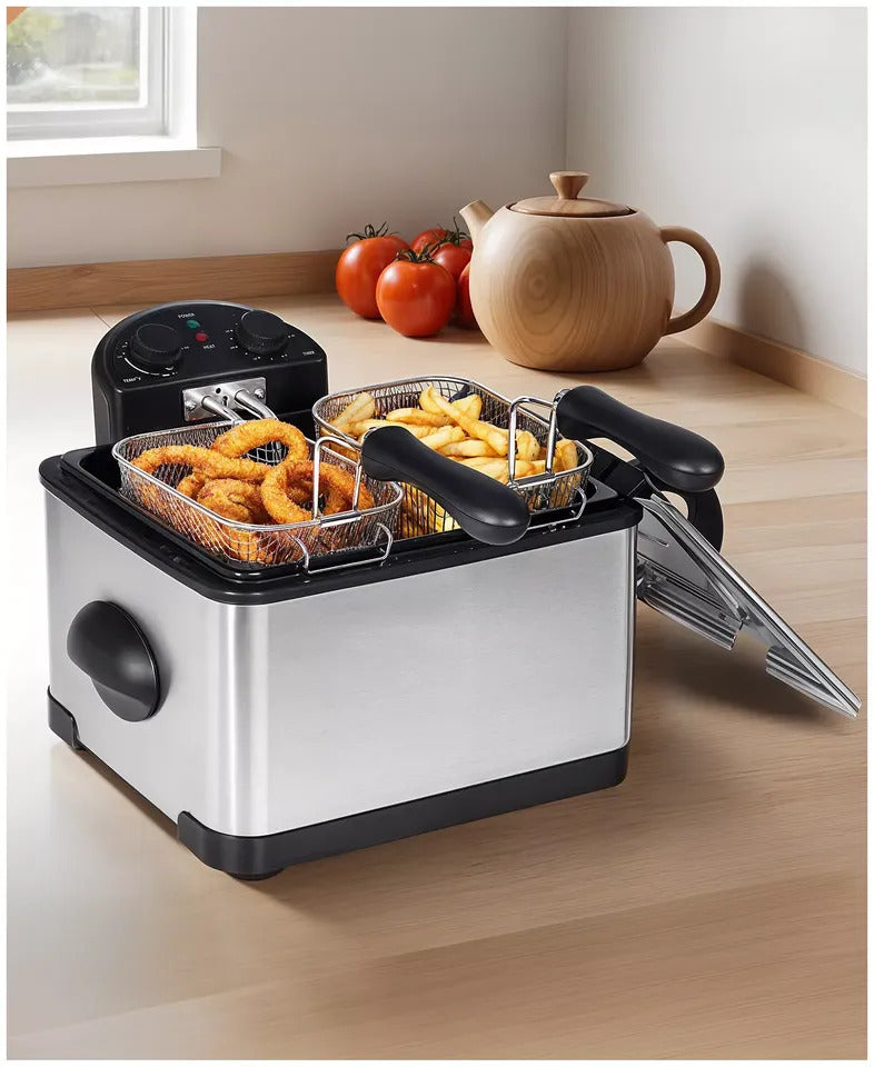 NEW Elite Cuisine 4QT Dual Basket Deep Fryer – 1700W Stainless Steel.