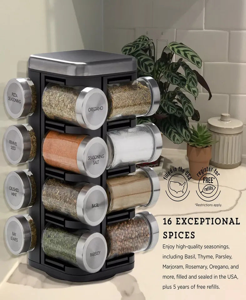NEW KitchenAid 16-Jar Revolving Spice Rack w/ Prefilled Glass Spice Jars