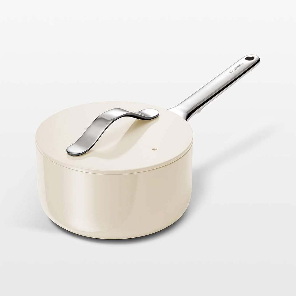 Caraway Cream 1.75QT Ceramic Mini Saucepan with Lid with Mini Storage Rack