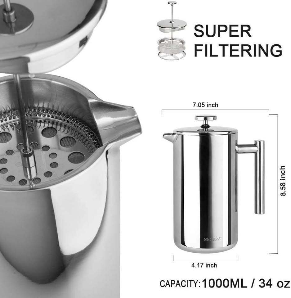 Secura 34oz Stainless Steel French Press Coffee Maker – Brand New