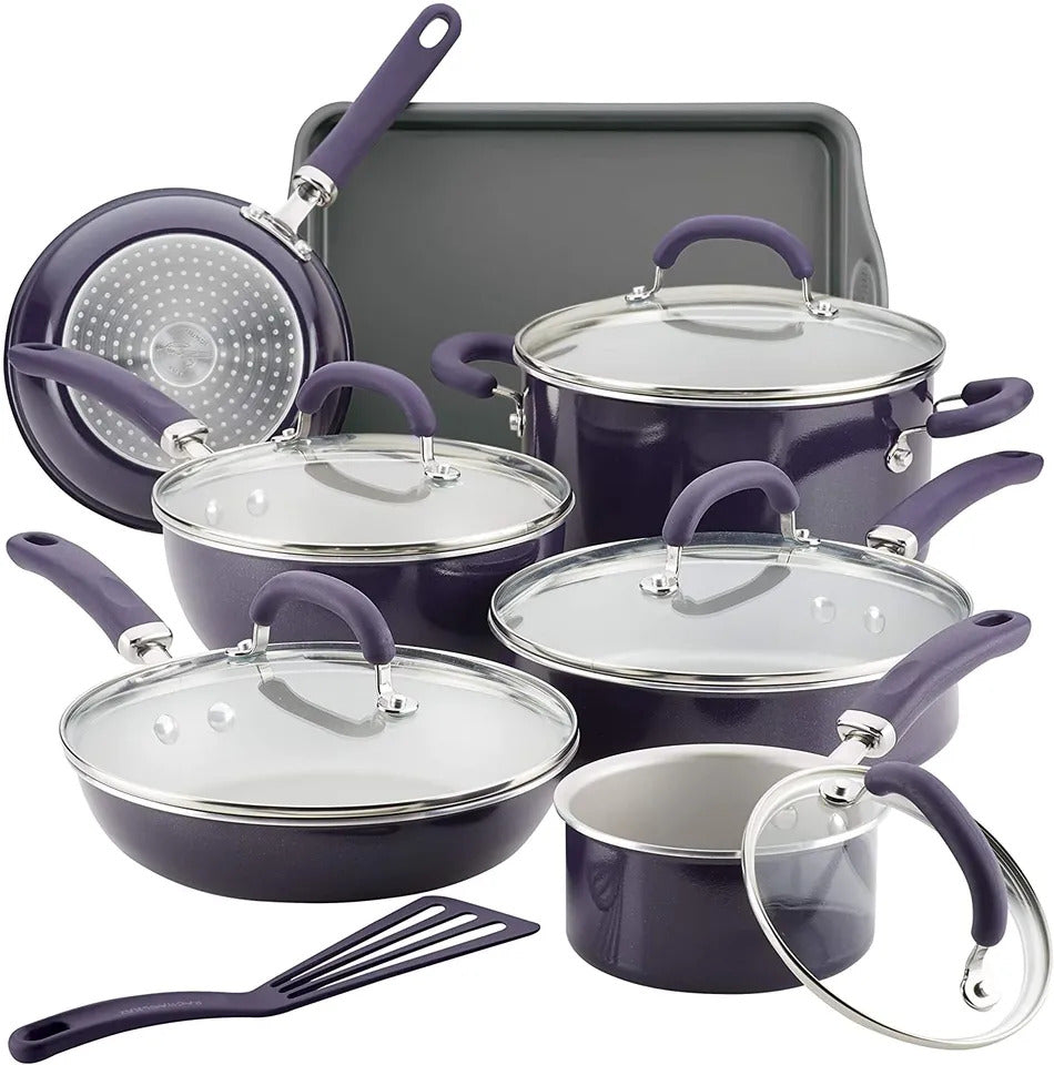 NEW Rachael Ray Create Delicious 13-Piece Nonstick Cookware Set – Purple Shimmer