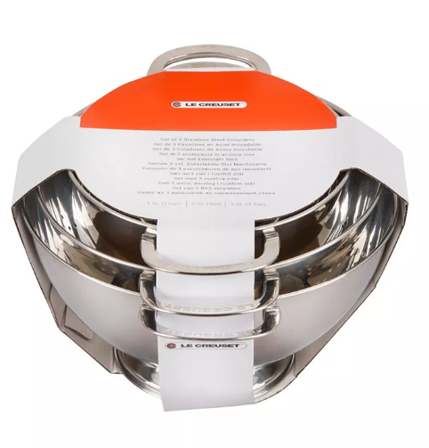 LIKE NEW Le Creuset 3-Piece Stainless Steel Colander Set – Open Box.