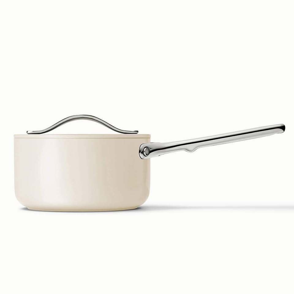Caraway Cream 1.75QT Ceramic Mini Saucepan with Lid with Mini Storage Rack