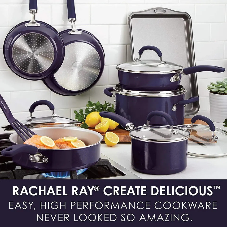 NEW Rachael Ray Create Delicious 13-Piece Nonstick Cookware Set – Purple Shimmer