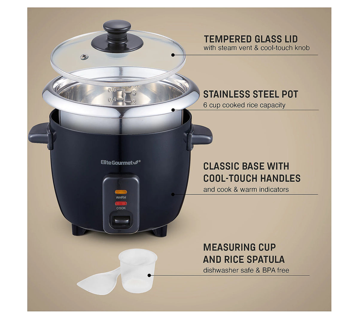 NEW Elite Gourmet 6-Cup Rice Cooker – Stainless Steel Inner Pot & Steamer.